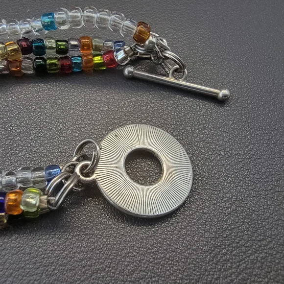 Handmade Multicolor Seed Bead & Clear Crystal Necklace | 3-Strand Beaded Choker - Picture 5 of 5